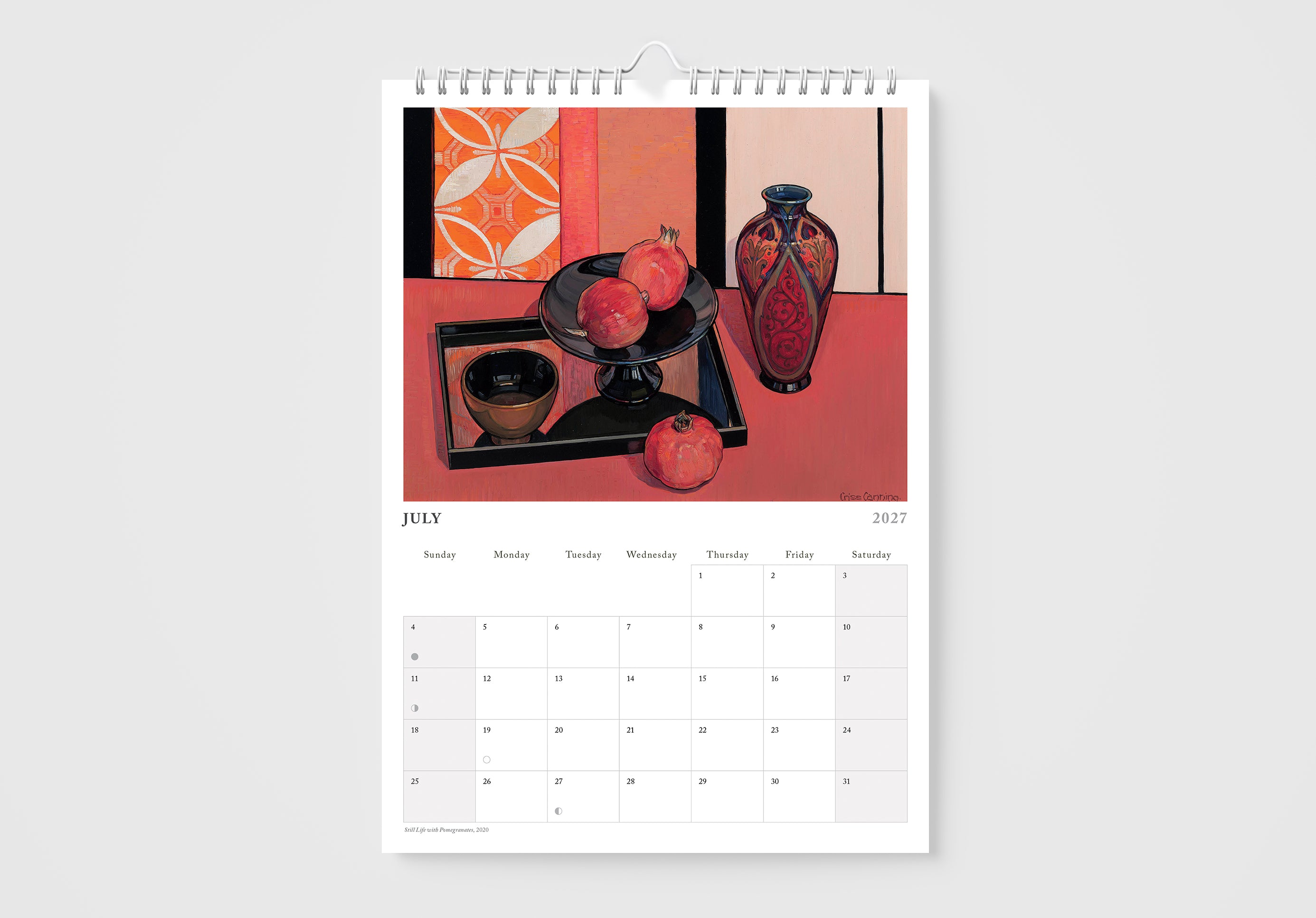 July page of a calendar with a still life in reds