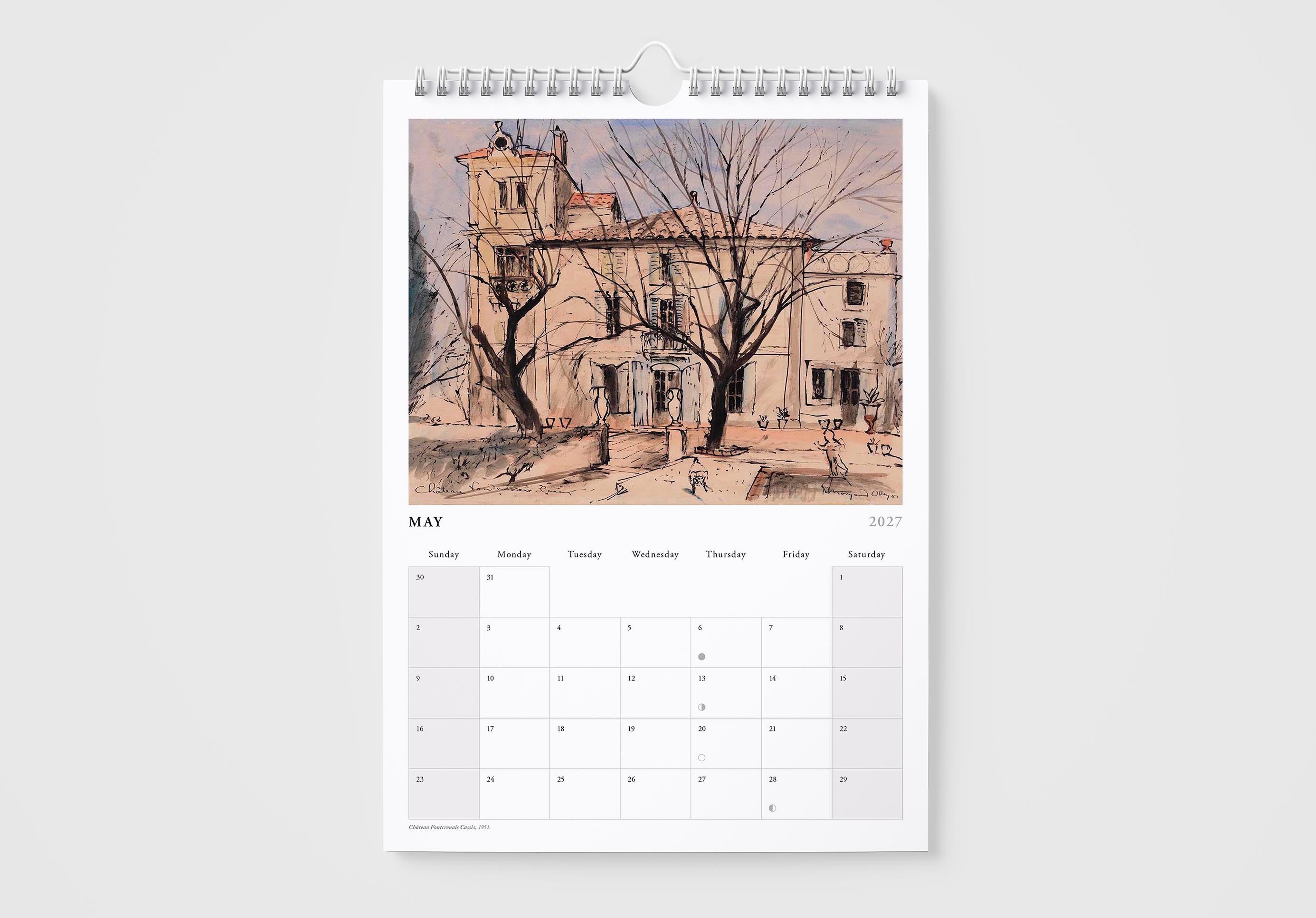 Calendar with a scenic illustration of a house and trees on a white background