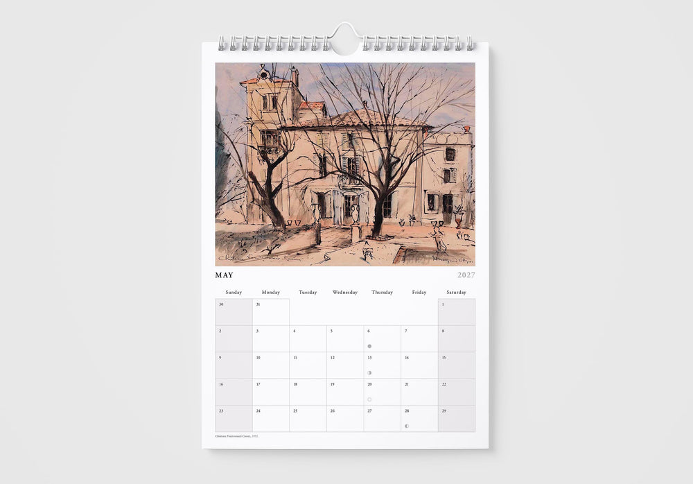 Calendar with a scenic illustration of a house and trees on a white background