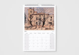 Calendar with a scenic illustration of a house and trees on a white background