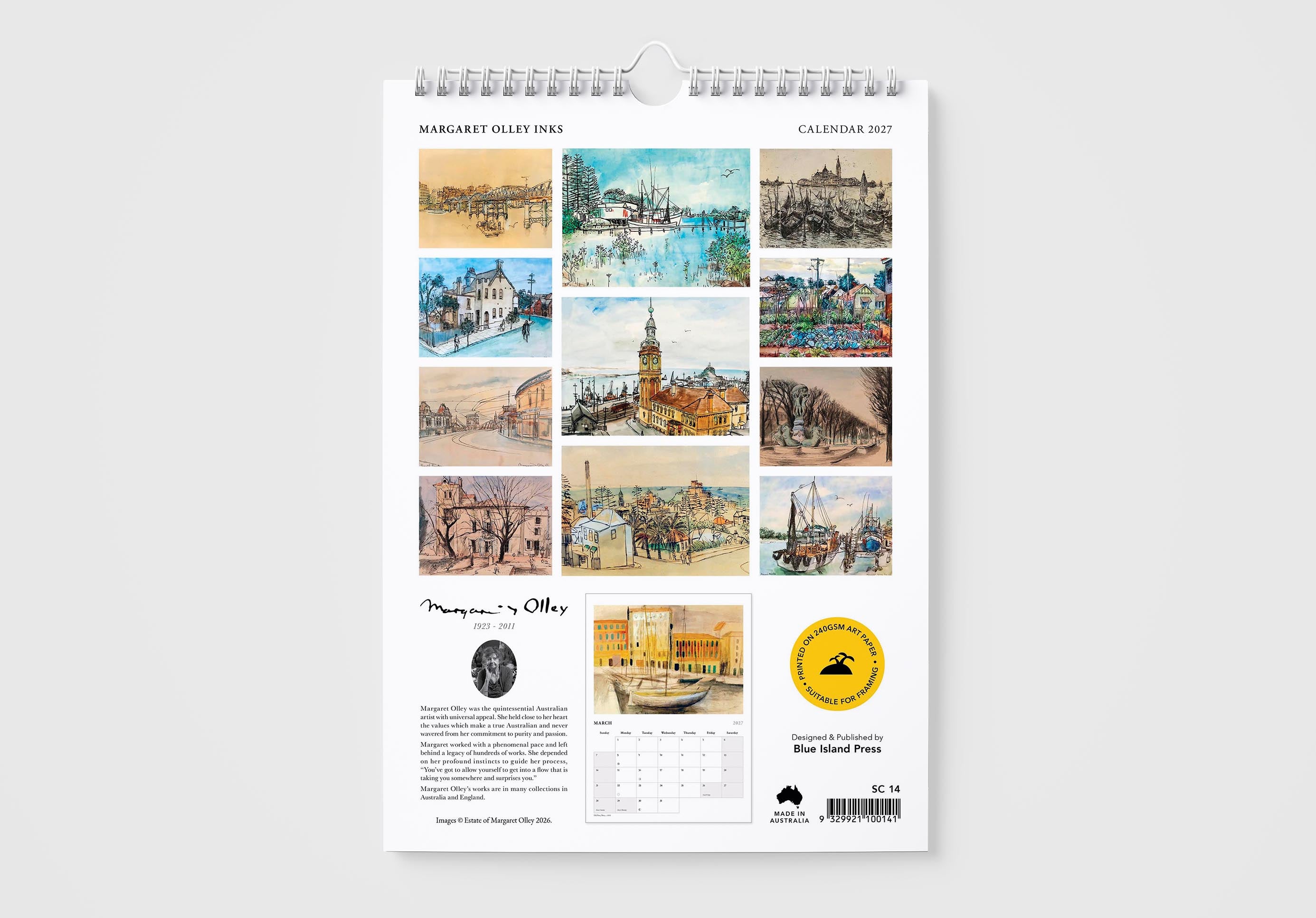 Calendar with illustrations of various scenes on a white background