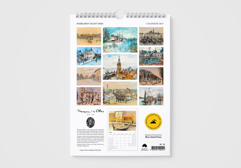 Calendar with illustrations of various scenes on a white background
