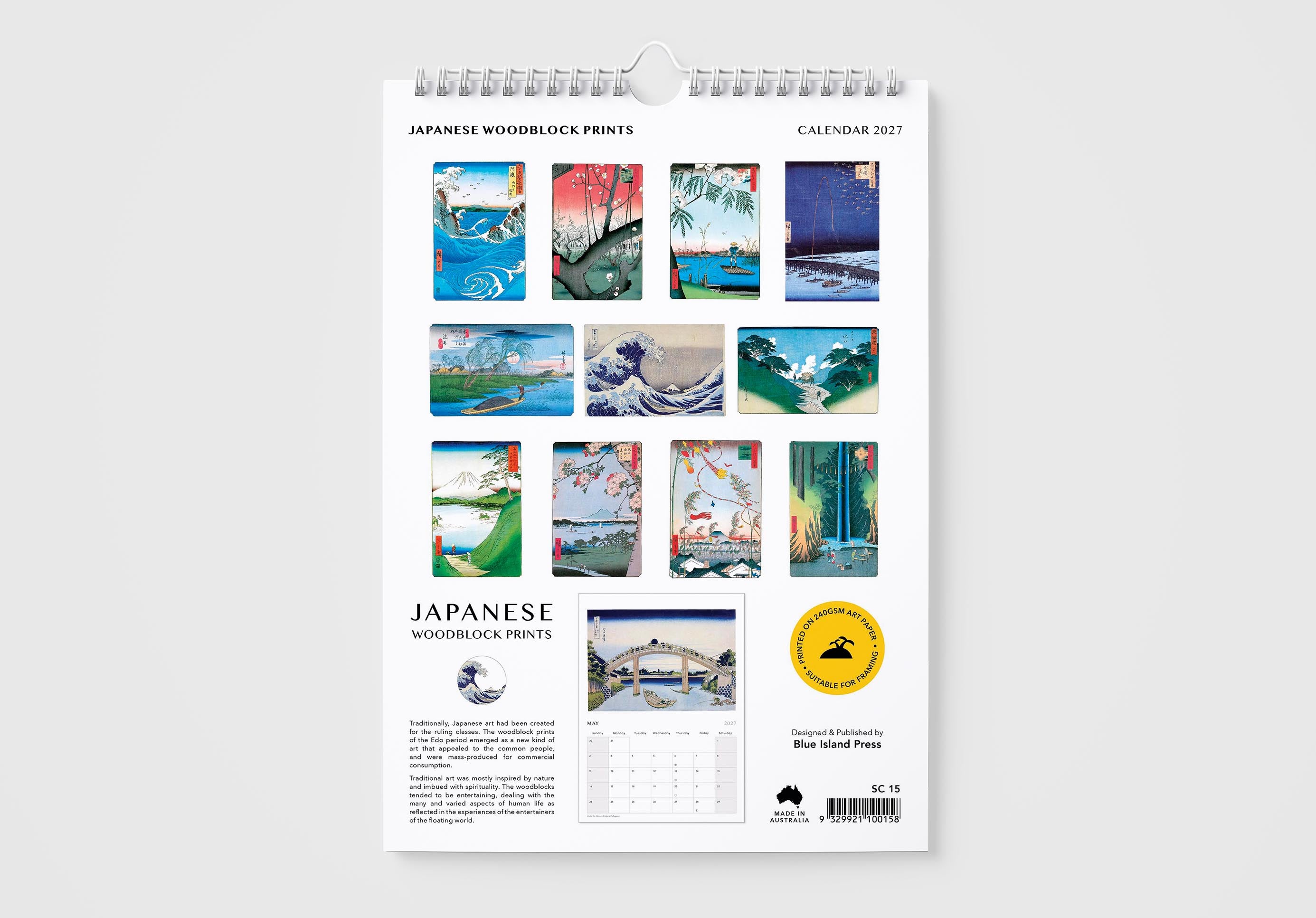 Calendar with Japanese woodblock print designs on a white background