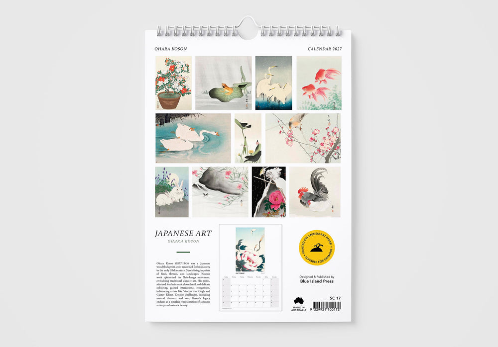 Calendar with Japanese art illustrations on a white background