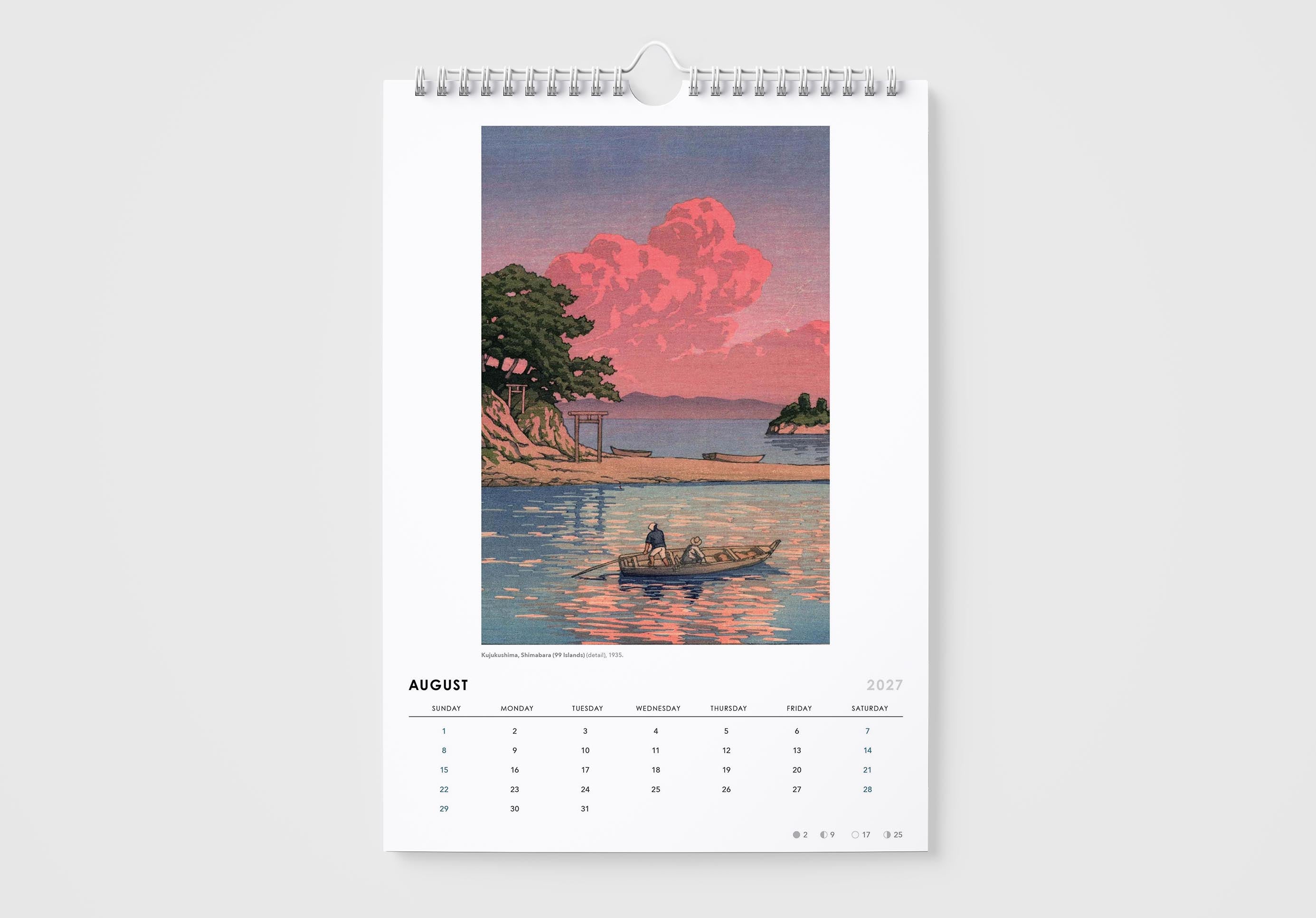 Calendar with a painting of a boat on a lake under a pink sky, on a white background