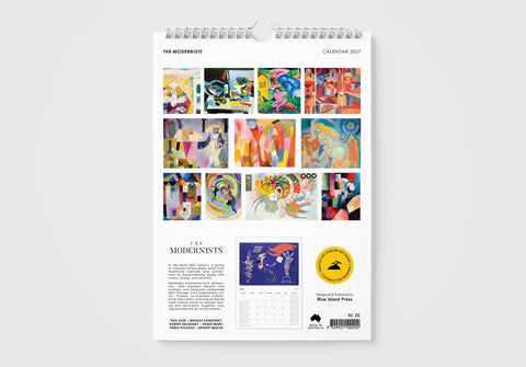 Calendar with colorful abstract art designs on a white background