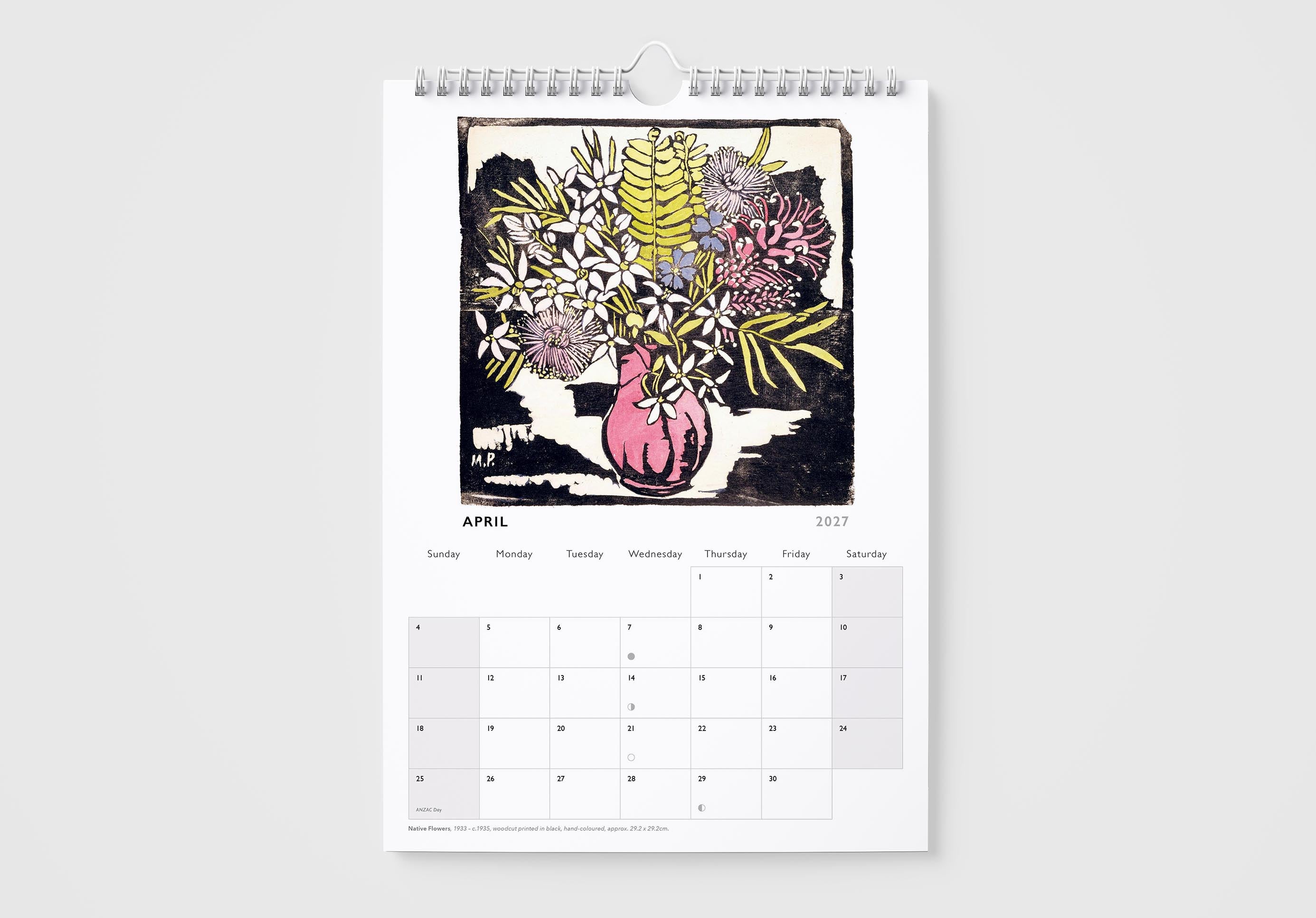 Calendar page for April with a floral design on a white background
