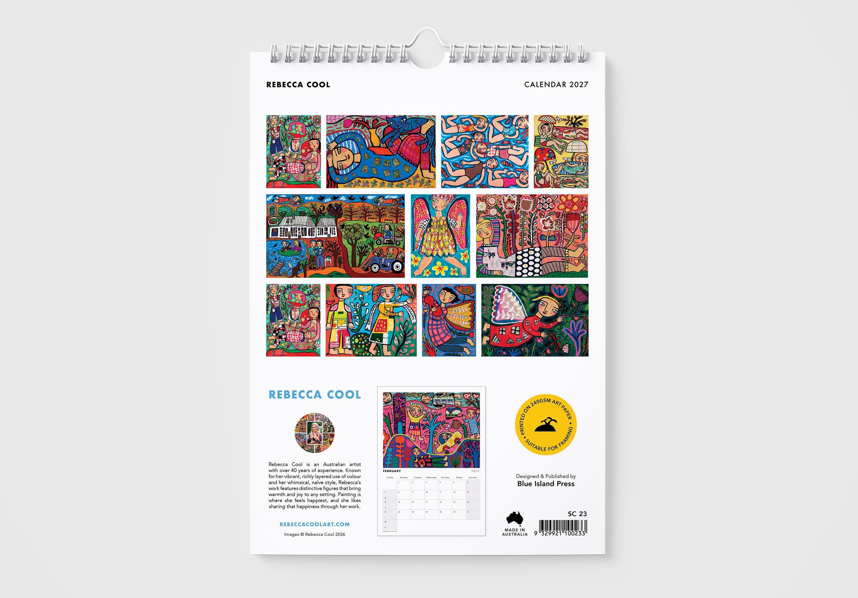 Calendar with colorful artwork on a white background