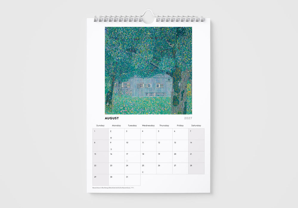 Calendar with a painting of a house in a forest on a white background