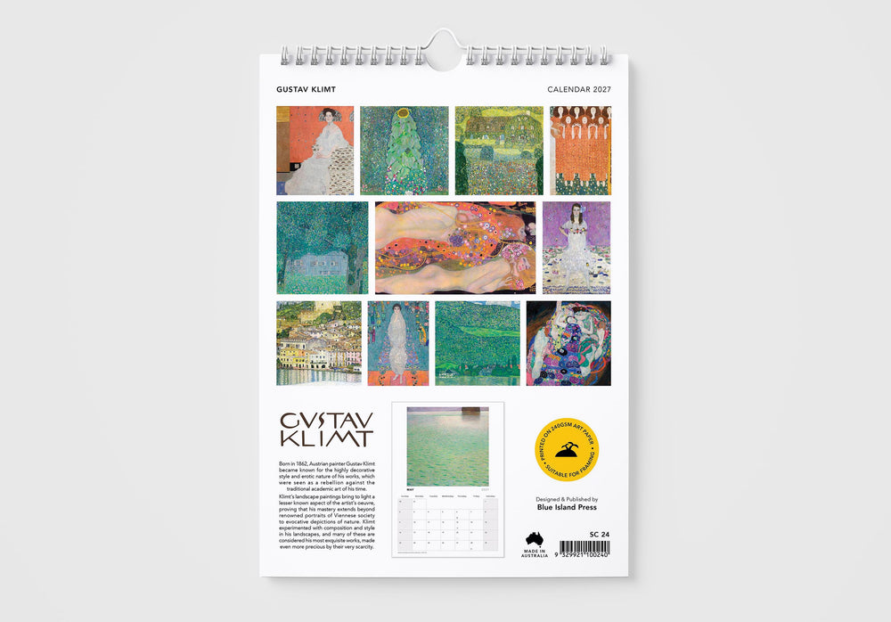Klimt calendar with various artworks on a white background