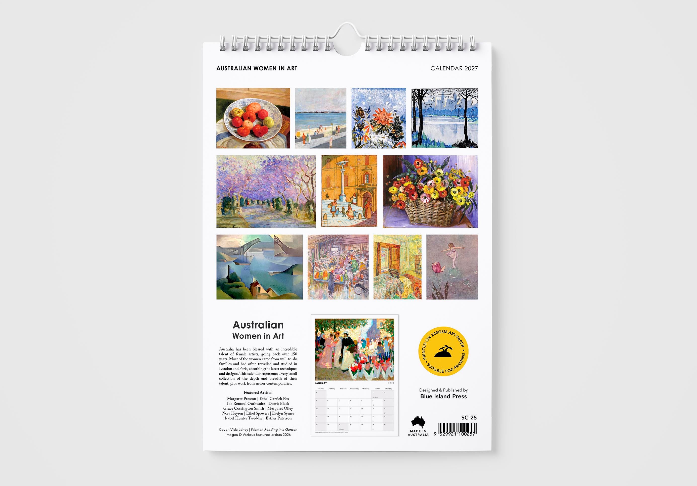 Calendar with artistic images of landscapes and still lifes on a white background