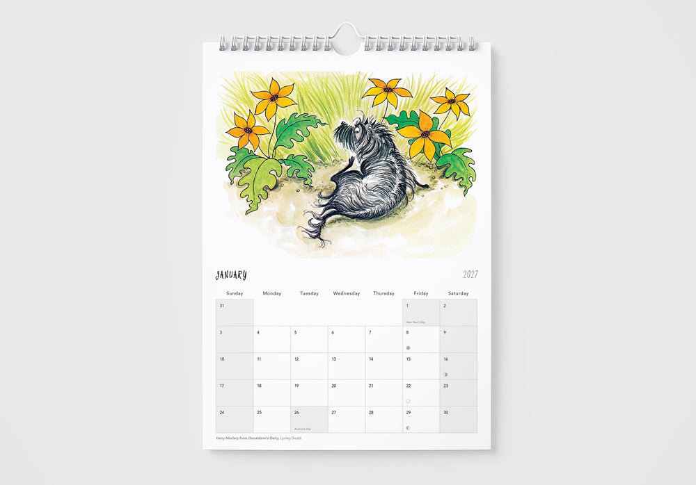Calendar with a raccoon illustration and floral design on a white background