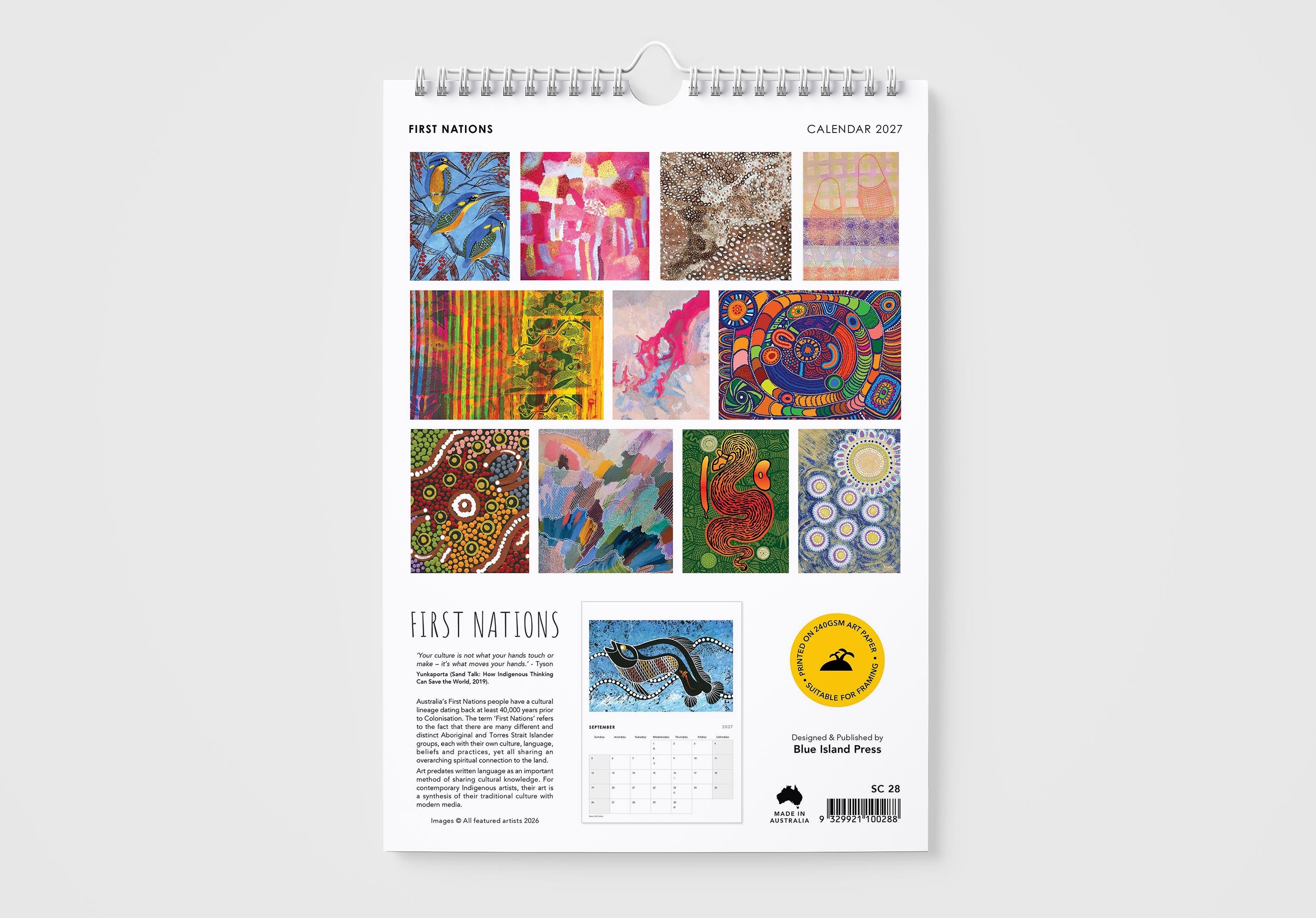 Calendar with First Nations art on a white background