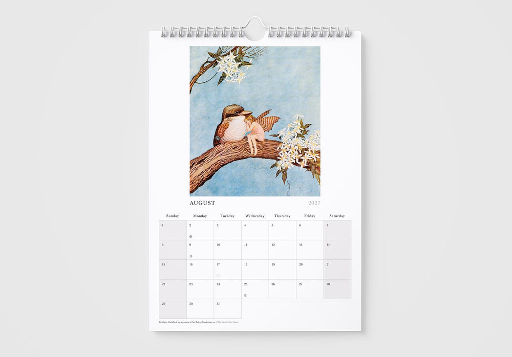 Calendar with a design of a fairy on a branch on a white background