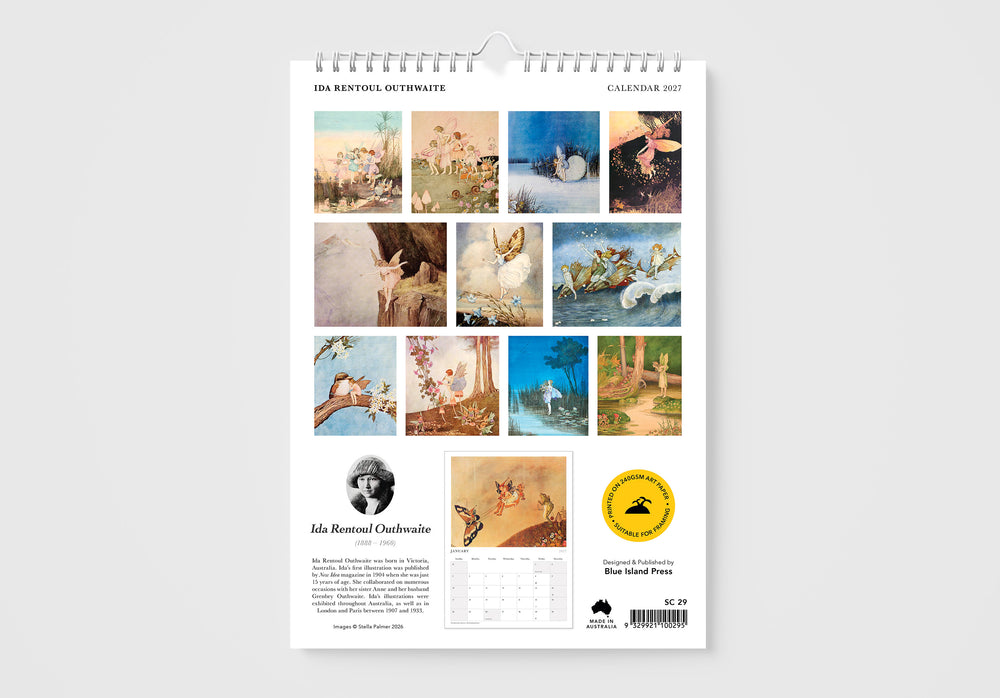 Calendar with artistic illustrations on a white background