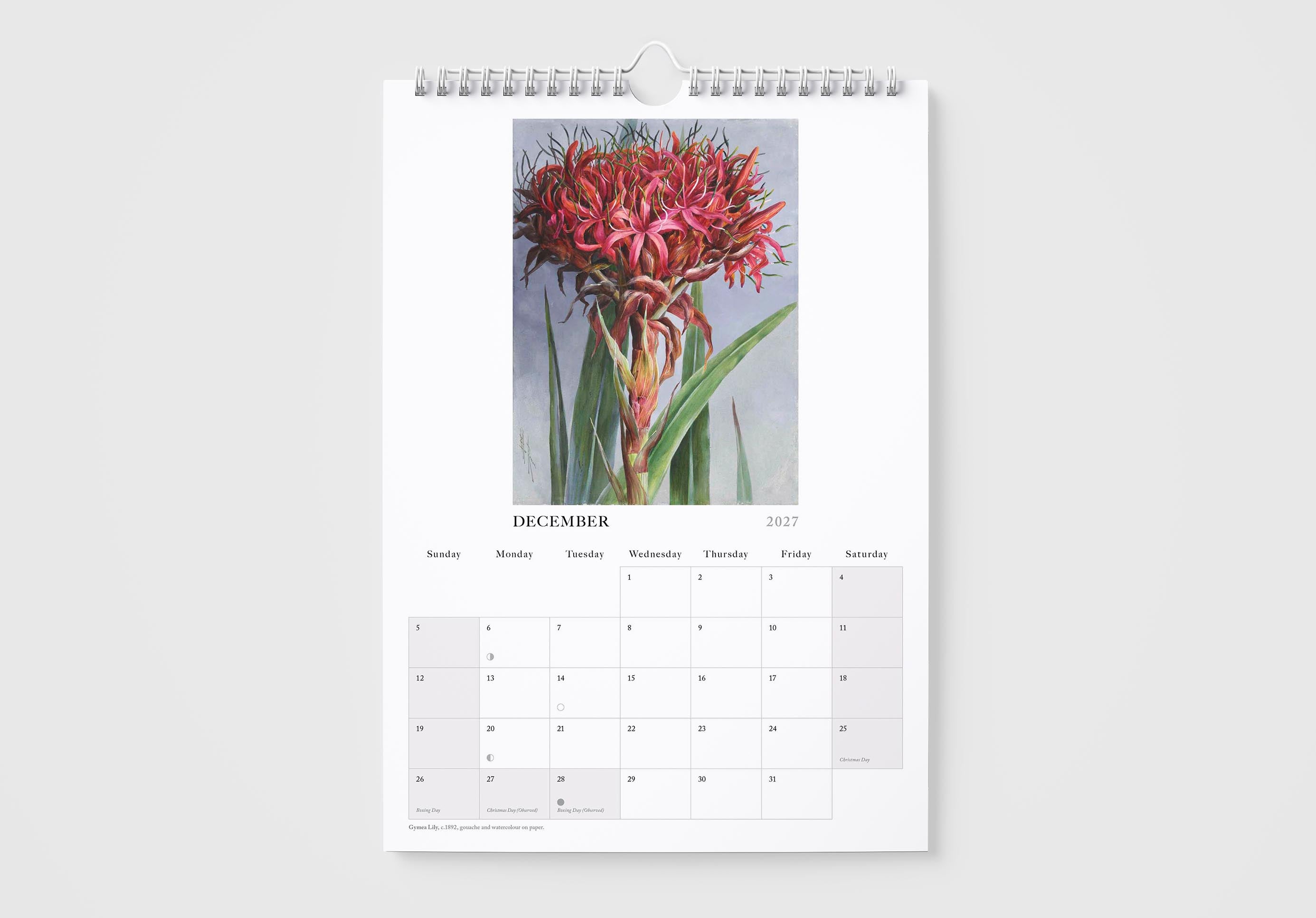 Calendar page for December with a floral design on a white background