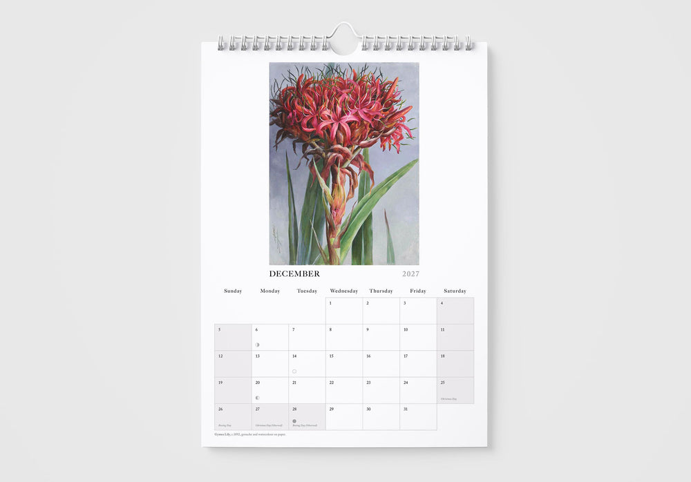 Calendar page for December with a floral design on a white background