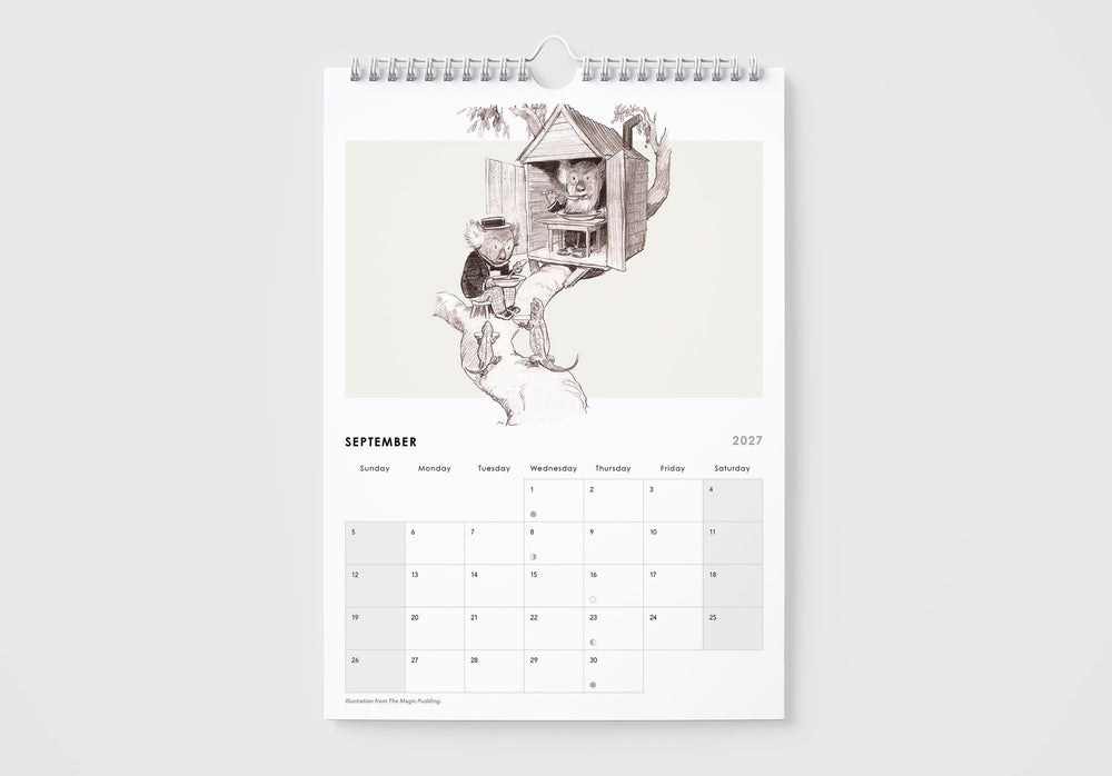 Calendar for September 2023 with a black and white illustration on a light gray background