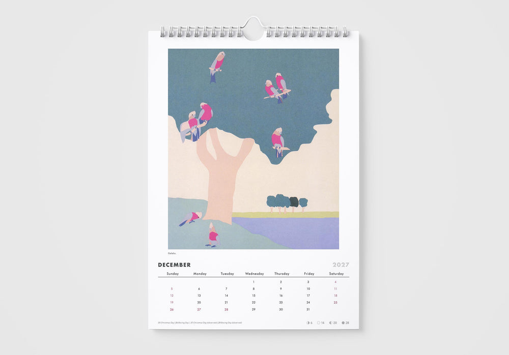 Calendar with a design of people climbing a mountain on a white background