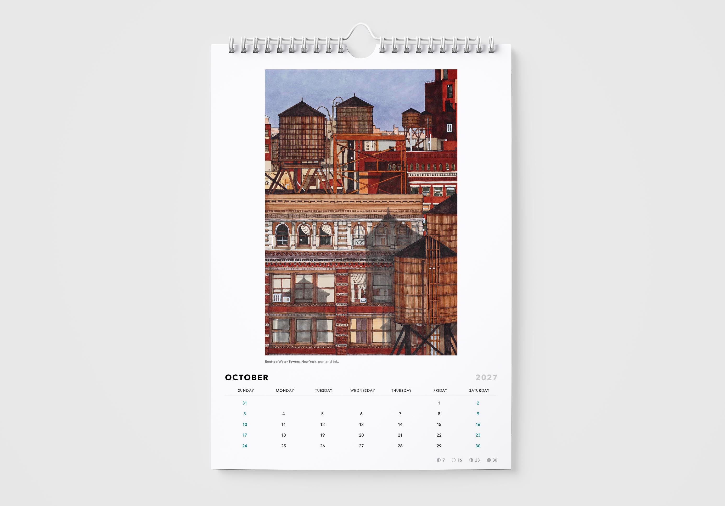 Calendar with a cityscape image on a white background