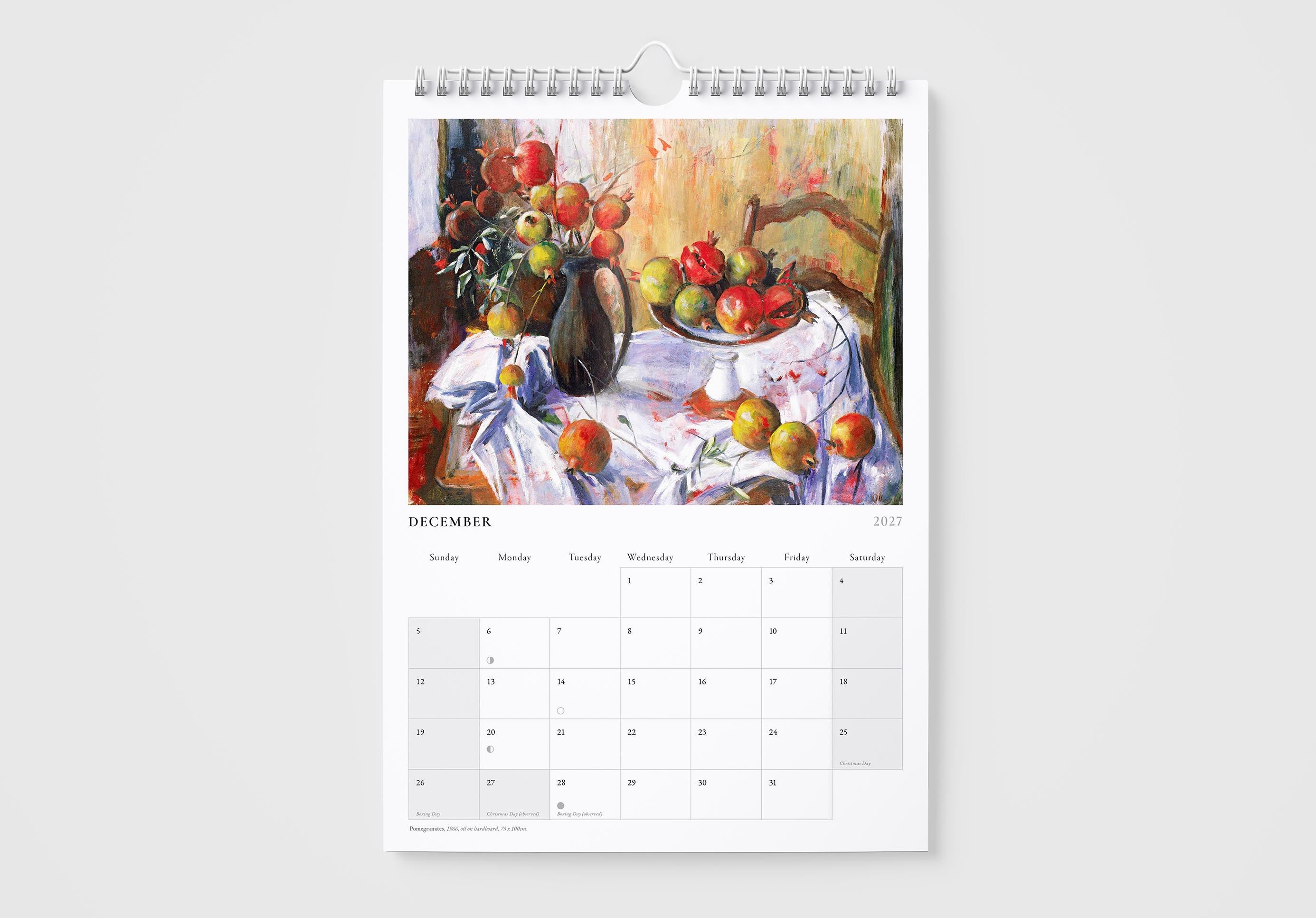 Calendar with a painting of a still life scene on a white background