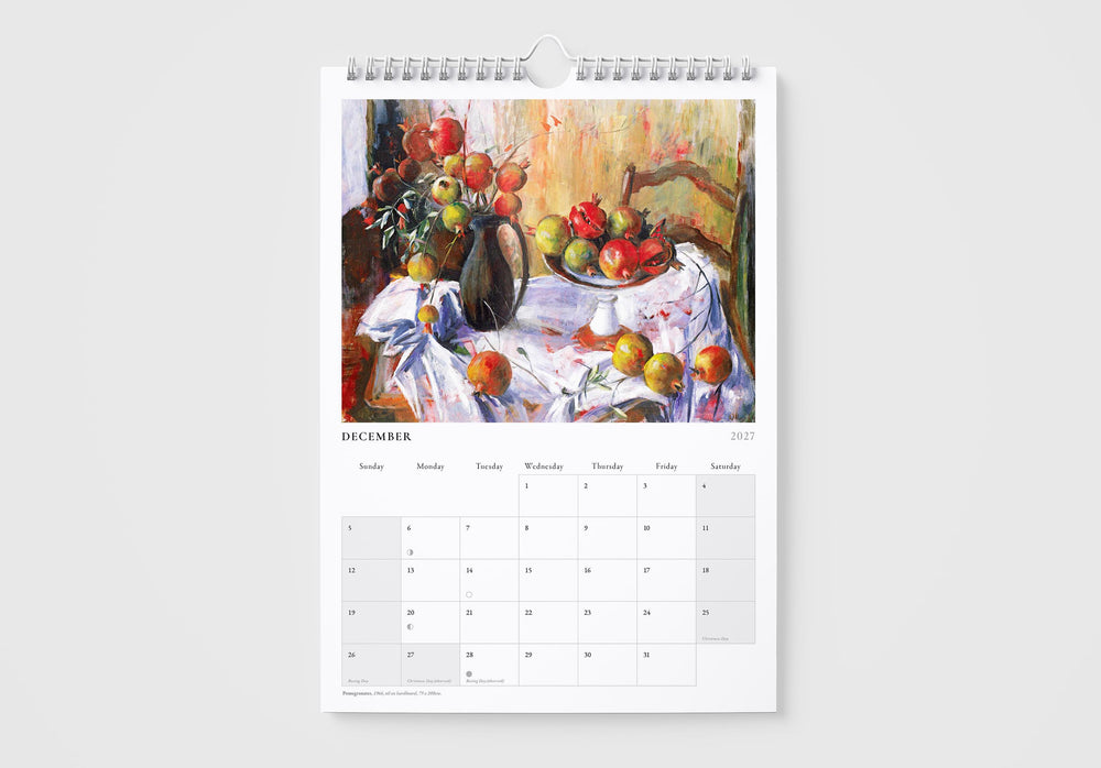 Calendar with a painting of a still life scene on a white background