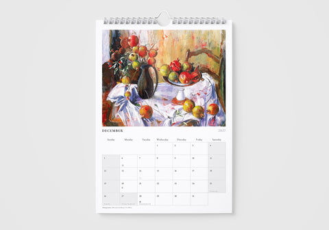 Calendar with a painting of a still life scene on a white background
