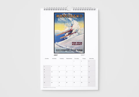 Calendar with a vintage-style poster for Kosciusko National Park on a white background
