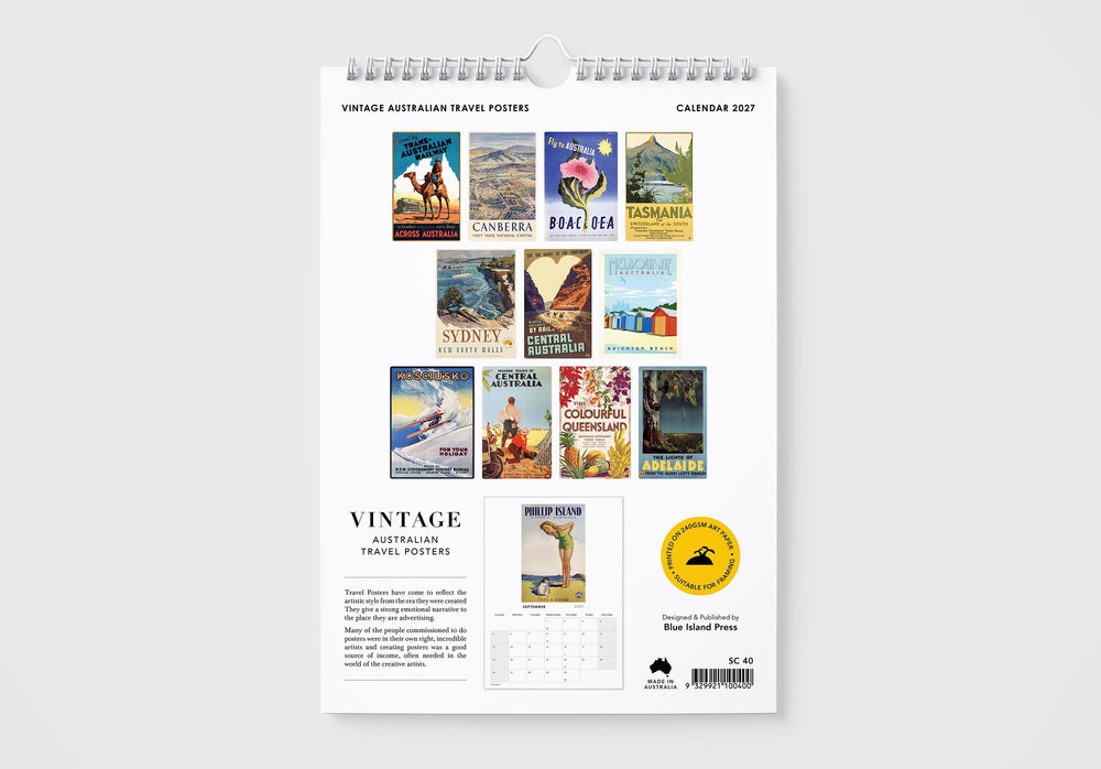 Calendar with vintage Australian travel posters on a white background