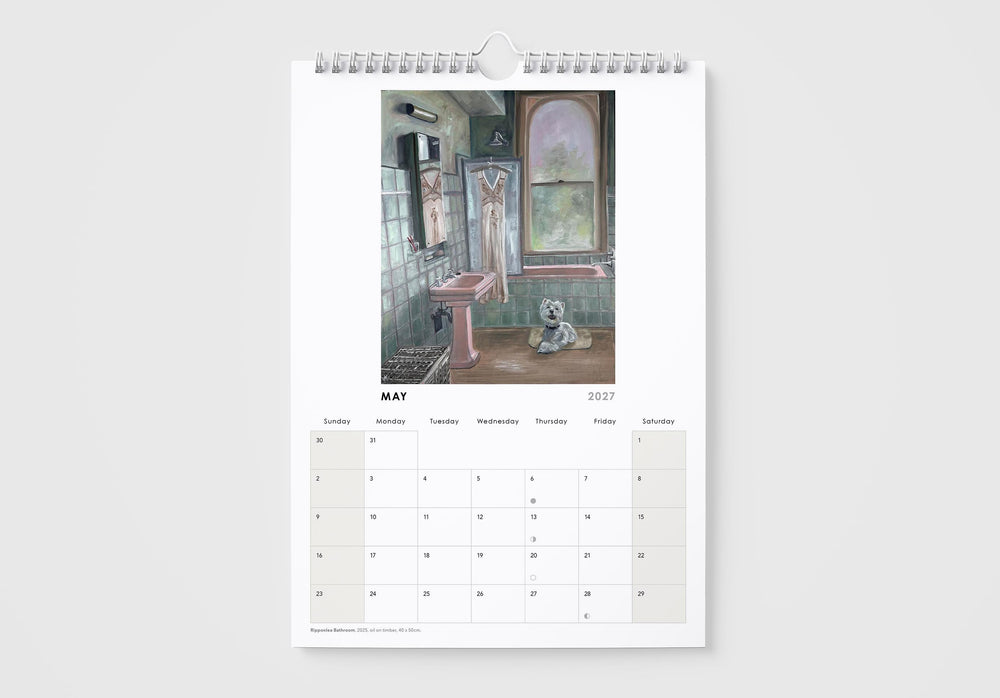 Calendar with a bathroom scene on a white background