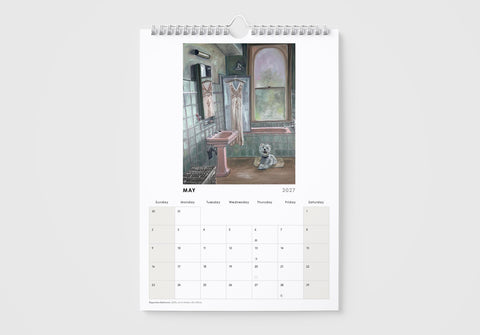 Calendar with a bathroom scene on a white background