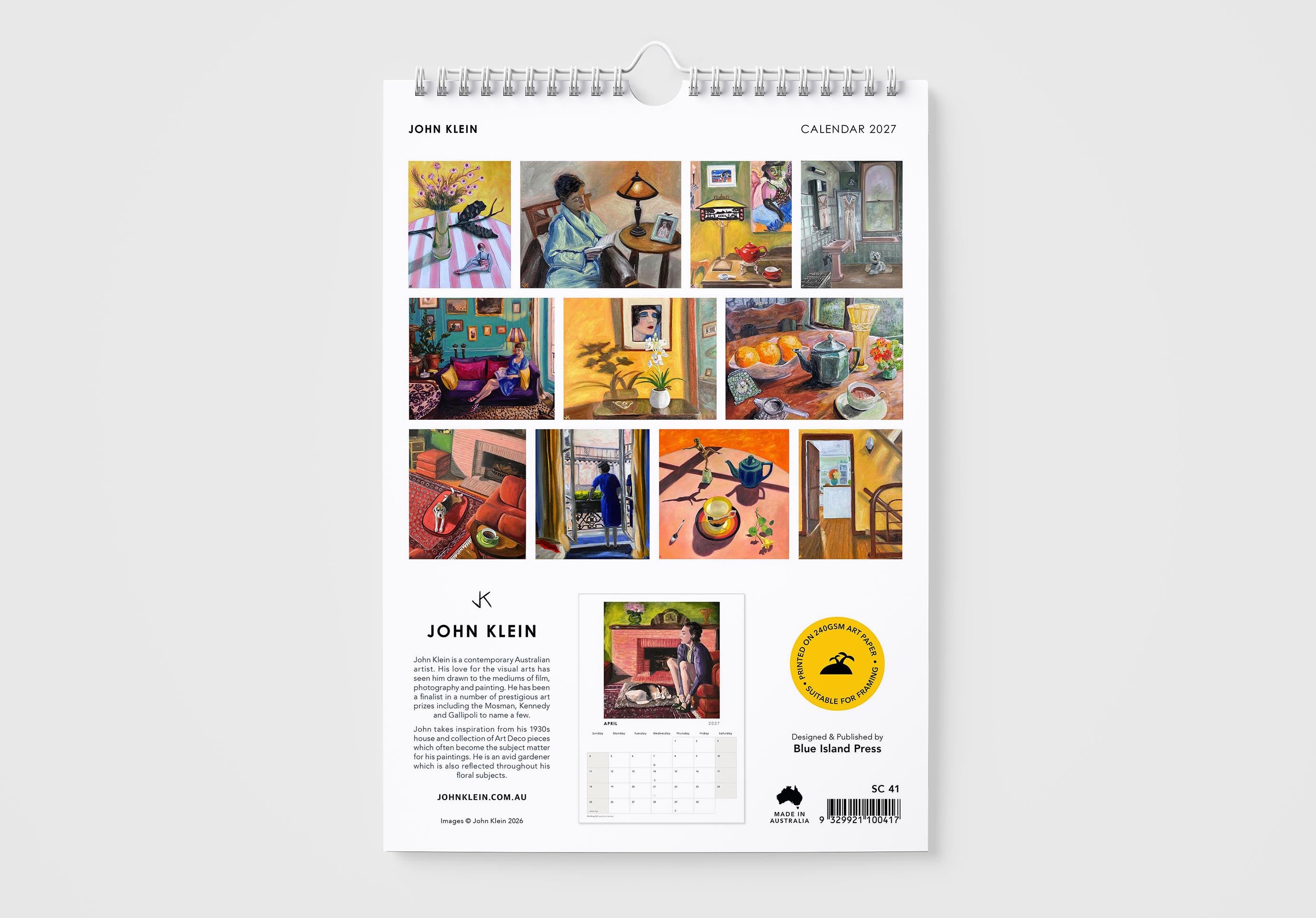 Calendar with artist John Klein's artwork on a white background