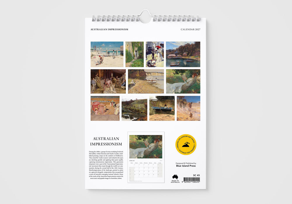 Calendar with Australian Impressionism theme on a white background