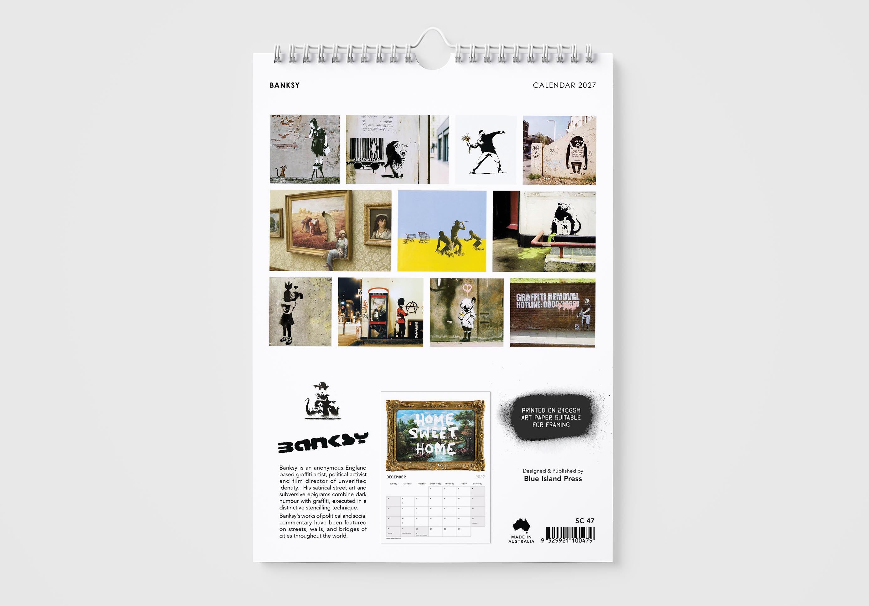 Calendar with multiple images and text on a white background