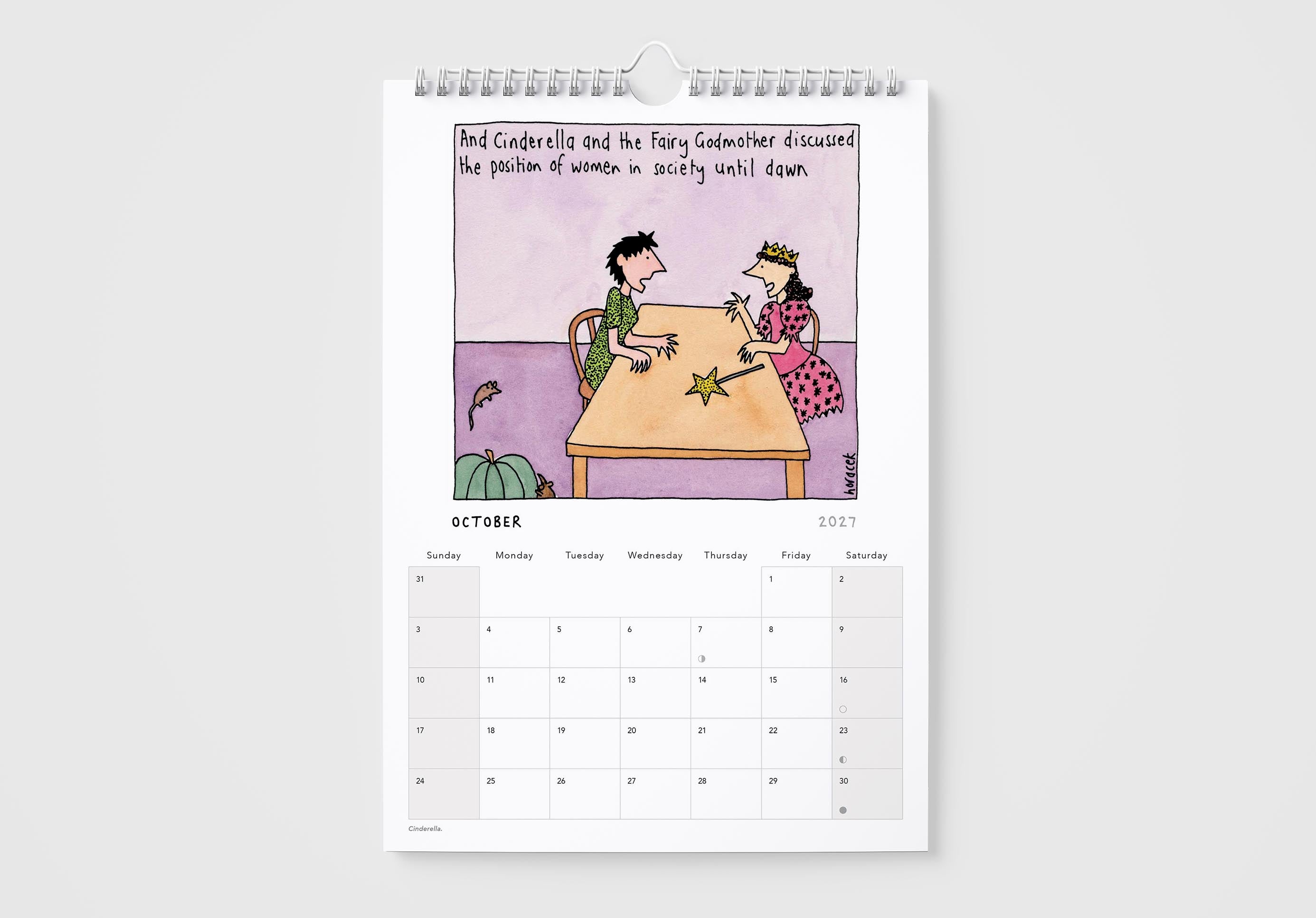 Calendar page for October with a cartoon illustration of Cinderella and the Fairy Godmother on a white background