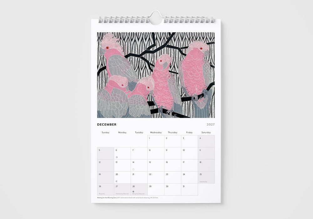 Calendar with pink bird design on a white background