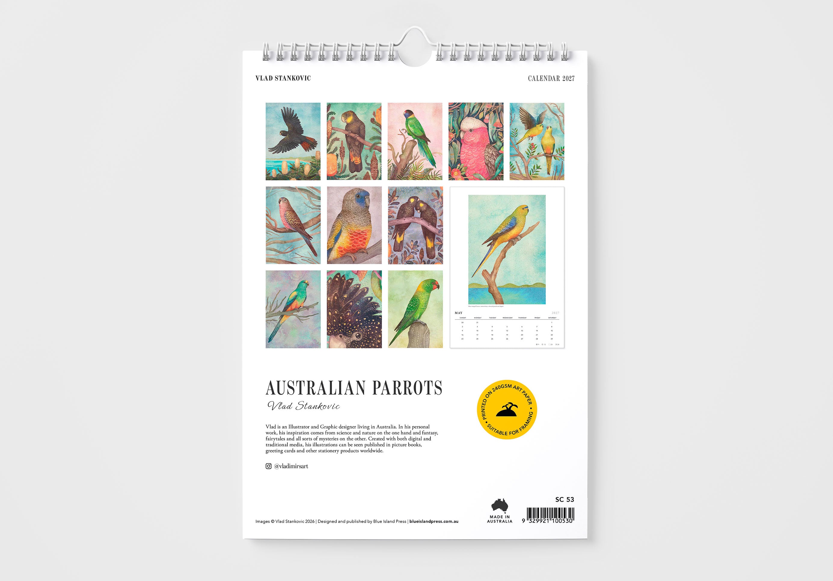 Calendar with illustrations of Australian parrots on a white background