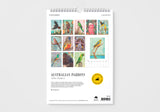 Calendar with illustrations of Australian parrots on a white background