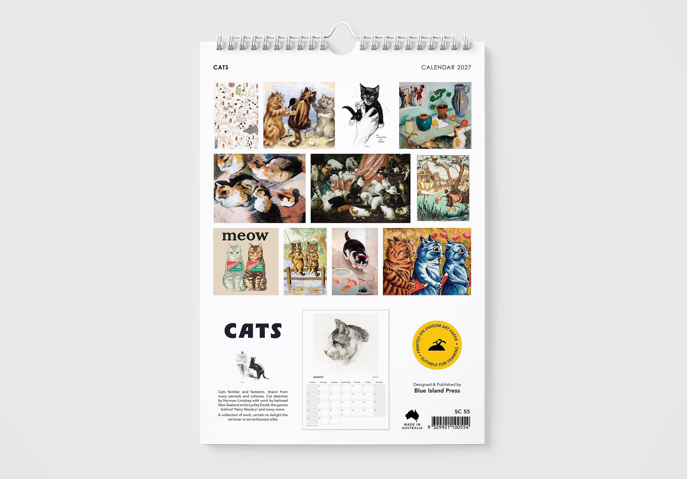 Calendar with cat-themed images on a white background