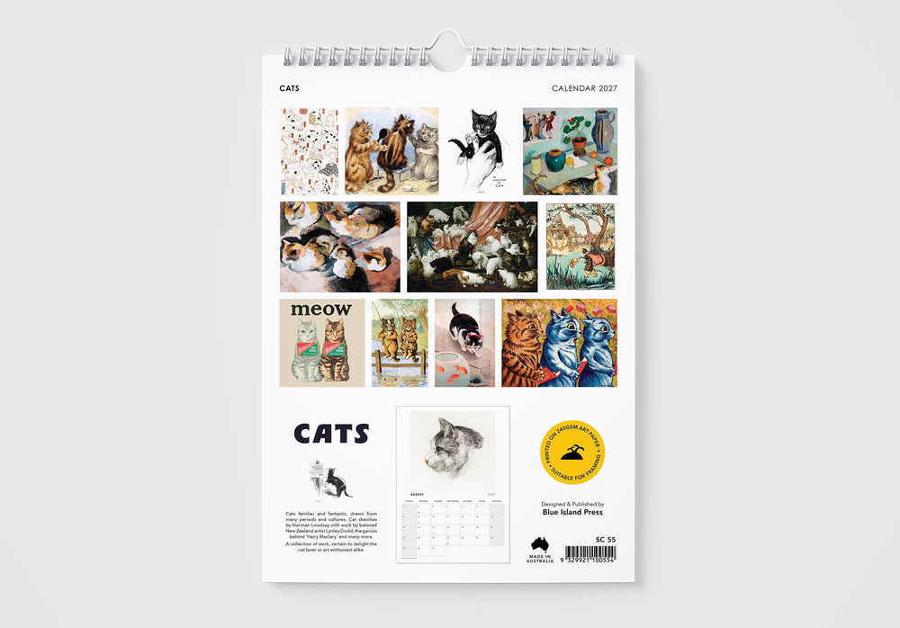 Calendar with cat-themed images on a white background