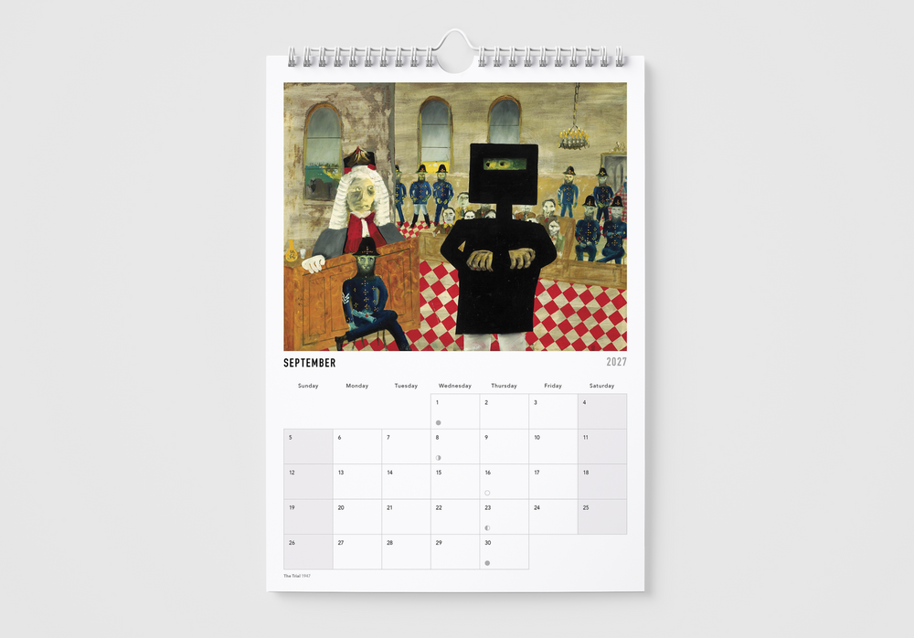 Calendar with a painting of a courtroom scene on a white background
