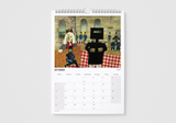 Calendar with a painting of a courtroom scene on a white background