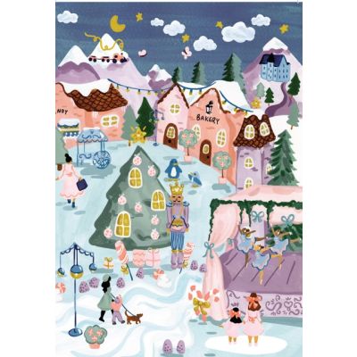 A whimsical illustrated winter village scene with pastel houses, snowy mountains, stars, and small characters in a dreamy fantasy style.