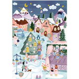 A whimsical illustrated winter village scene with pastel houses, snowy mountains, stars, and small characters in a dreamy fantasy style.