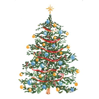 A classic green Christmas tree with baubles and a star on the top
