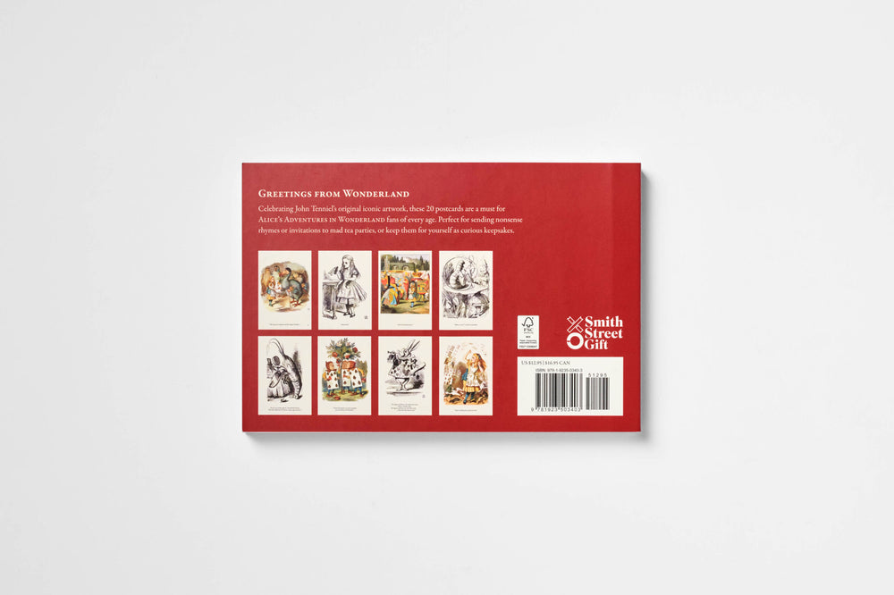 The back cover of a book titled 'Greetings from Wonderland' by Smith Street Art, featuring a red background with illustrations of vintage postcards and a barcode, shown on a light gray background.