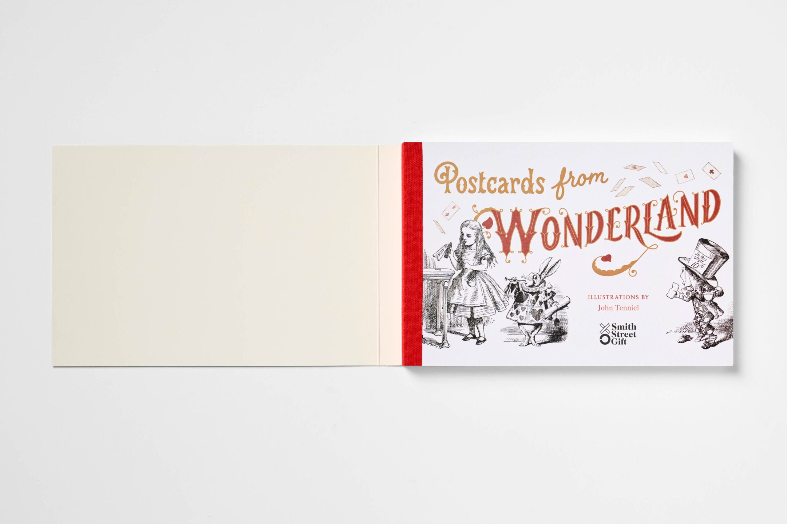 Postcards from wonderland coler with black and white sketch of a girl, rabbbit and another rabbit in a top hat.