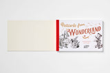 Postcards from wonderland coler with black and white sketch of a girl, rabbbit and another rabbit in a top hat.