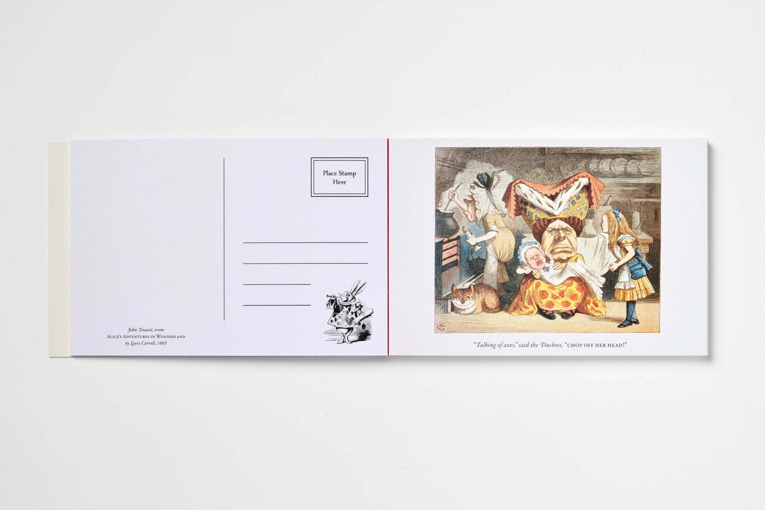 A postcard set featuring the Alice in Wonderland scene. The front shows a colorful illustration of the Mad Hatter, Queen of Hearts, and other characters from the story, while the back displays a clean white layout with a 'Post Stamp Here' box, address lines, and a small black-and-white rabbit illustration.
