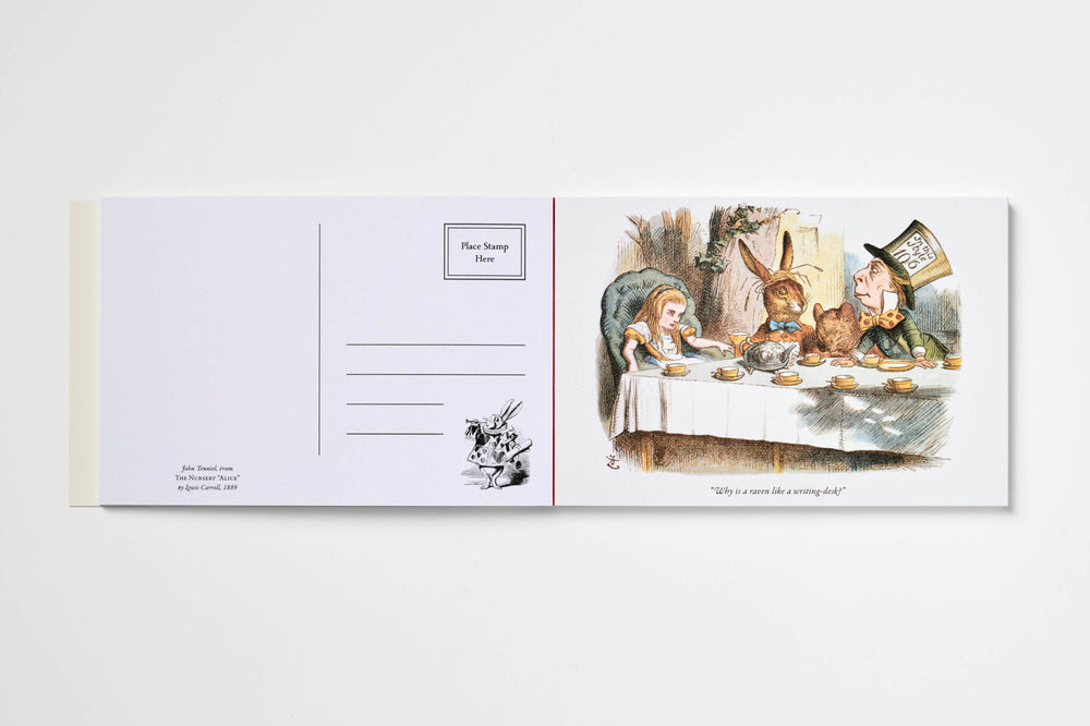 A horizontal postcard or greeting card shown open against a light gray background. The left side has a white back with address lines and a small black illustration of the White Rabbit.